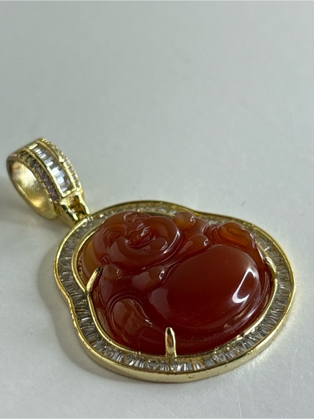Vintage Red Jade Laughing Buddha Pendant Gold Tone Crystal Halo Statement Charm